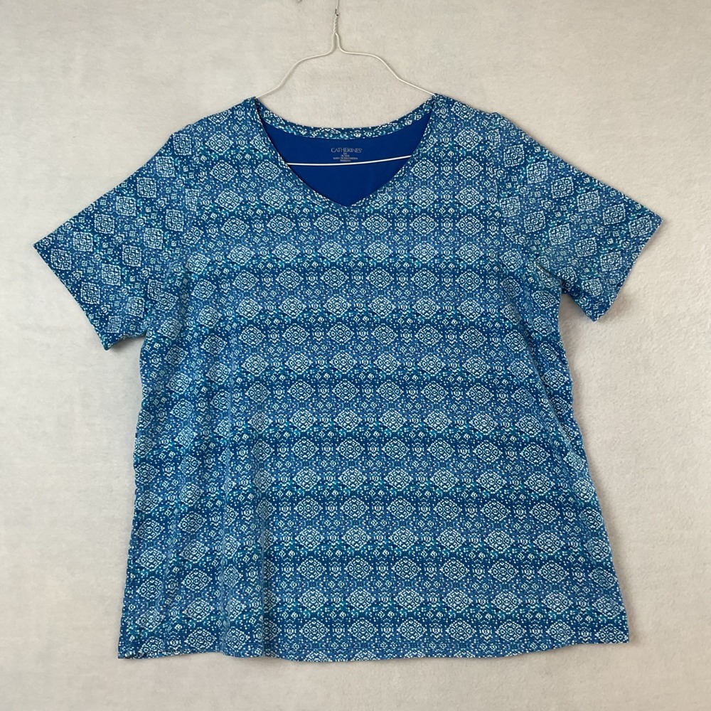 Catherines Womens 0X 14/16W Blue Geometric Tile Print V-Neck Short Sleeve Top